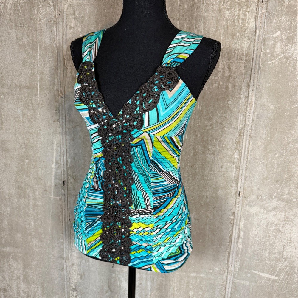 XOXO Women Blue Green Geometric Print Crochet Trim V-Neck Cami Tank Top Size M